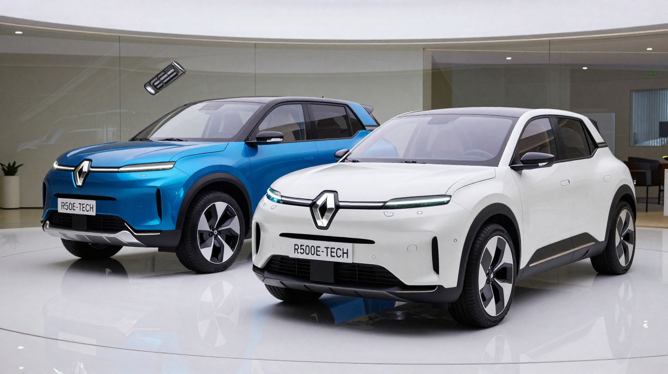Deux voitures électriques Renault, une blanche et une bleue, exposées dans un showroom moderne.