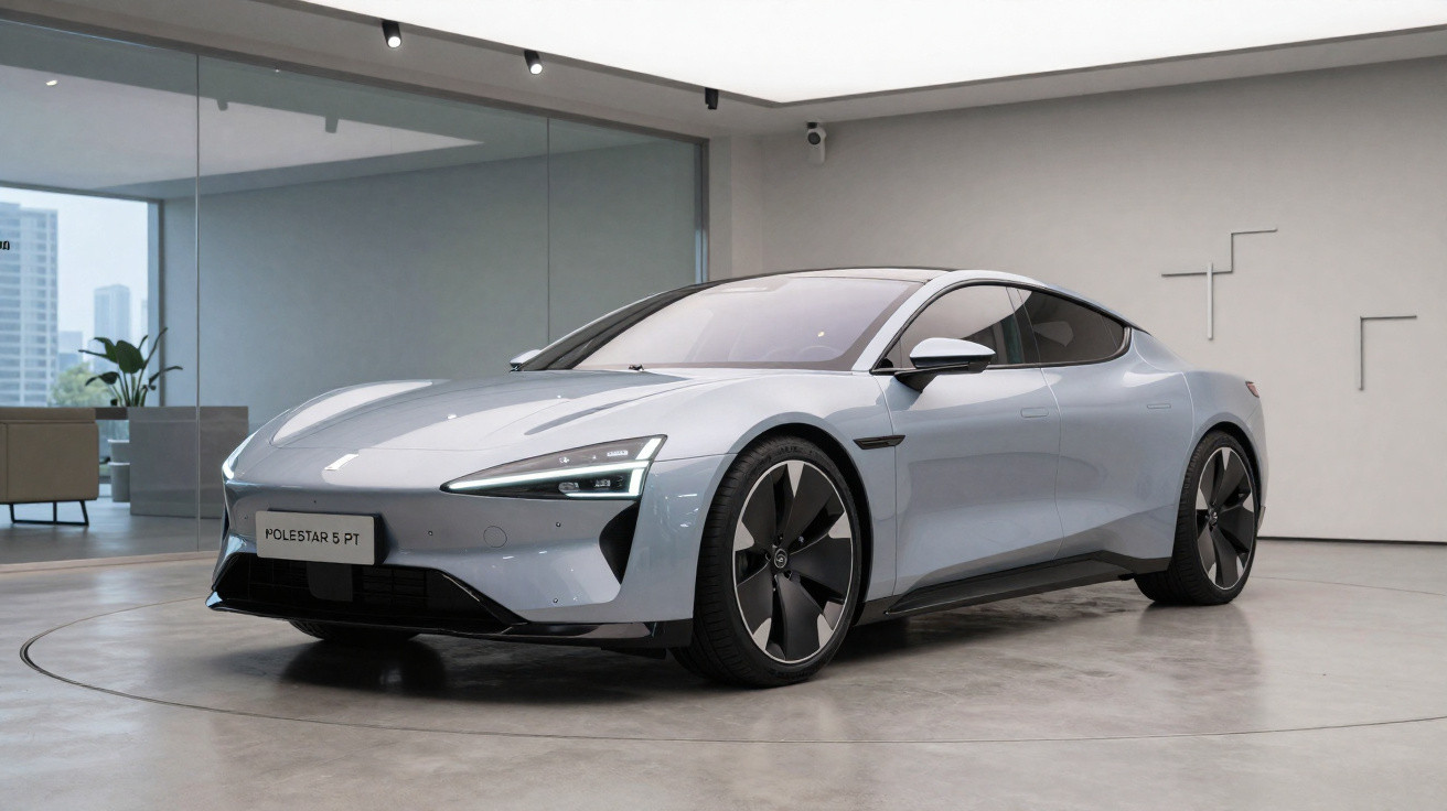 Voiture électrique grise Polestar 5 PT exposée dans un showroom moderne et minimaliste.