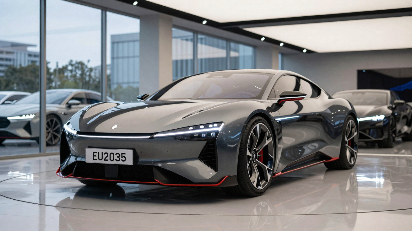 Voiture de sport électrique grise au design futuriste exposée dans un showroom moderne avec éclairage LED.