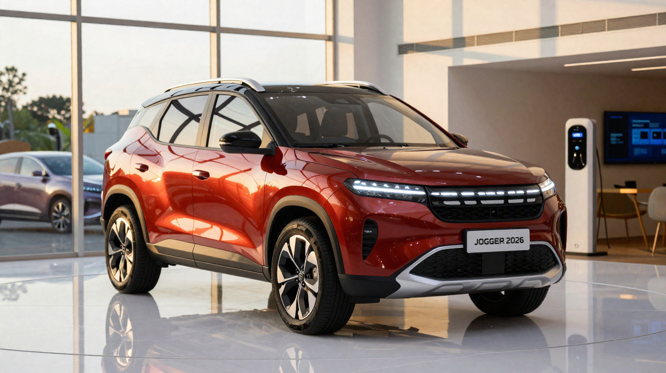 SUV rouge Jogger 2026 exposé dans un showroom lumineux avec murs en verre et borne de recharge électrique.