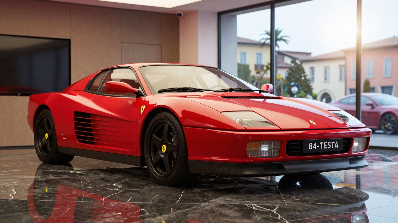 Voiture de sport Ferrari rouge brillante exposée dans un showroom moderne avec sol en marbre noir.