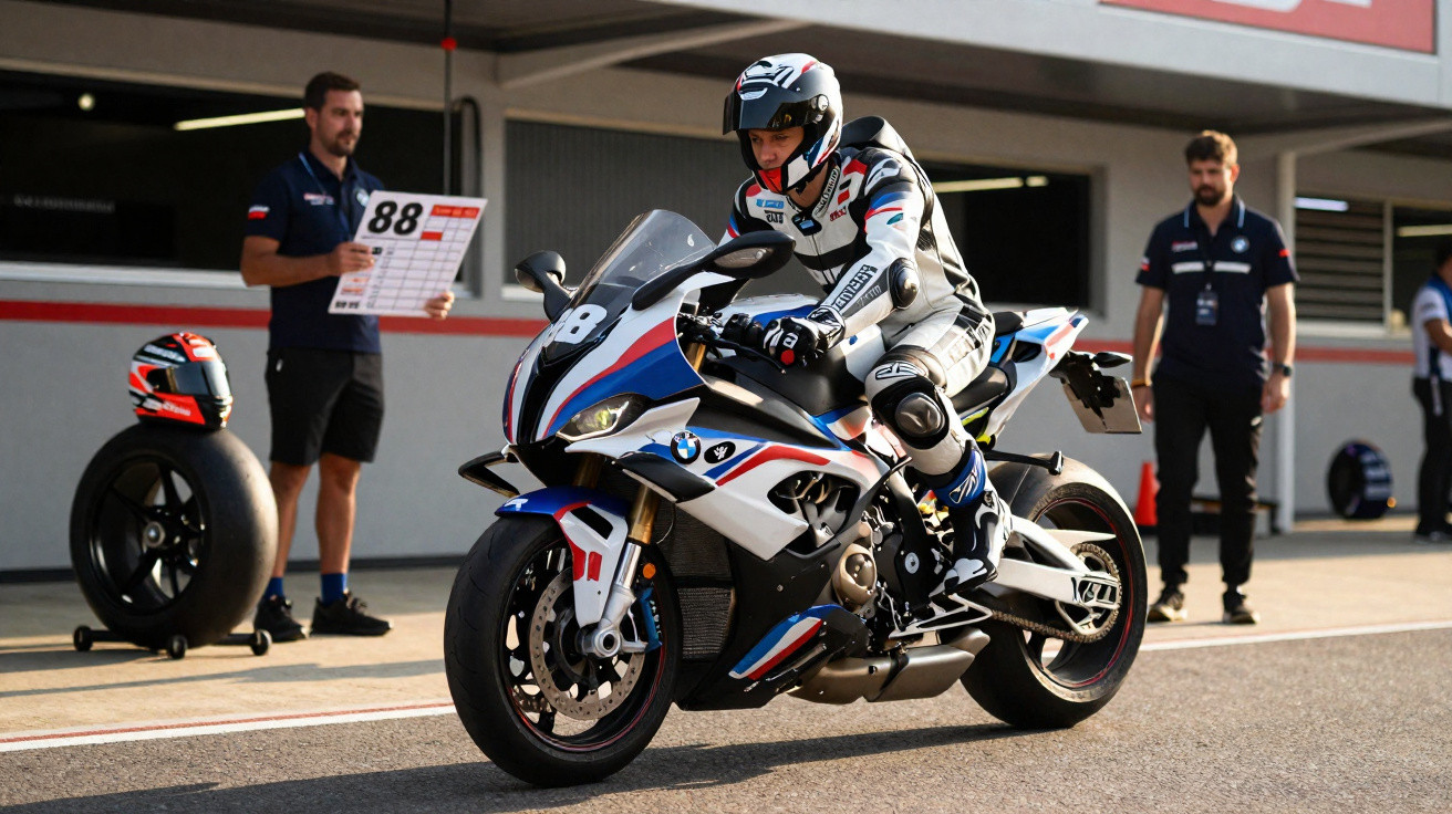 Pilote en combinaison sur une moto de course BMW aux couleurs blanches, bleues et rouges en zone de stand.