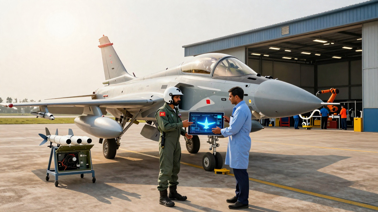 Deux hommes en uniforme discutent devant un avion militaire gris sur une piste d'aéroport.