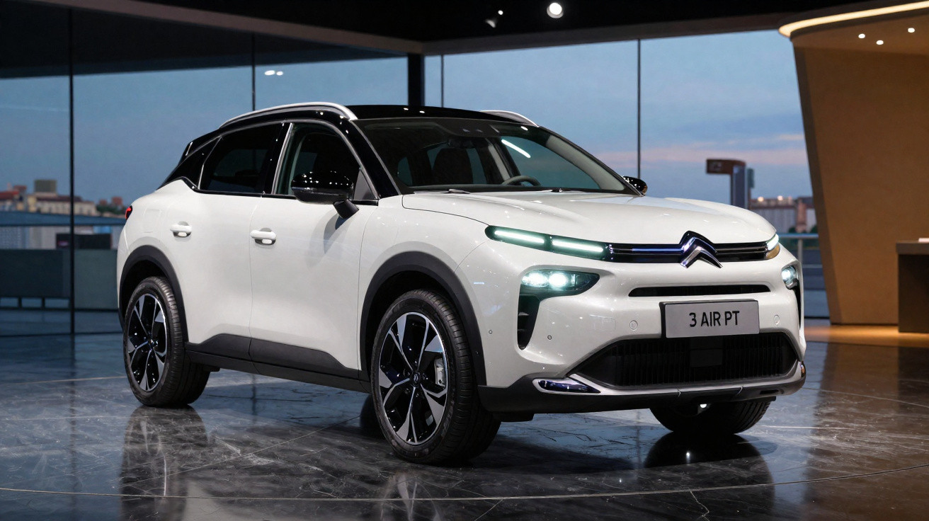 SUV Citroën blanc avec toit noir et éclairage LED avant en intérieur moderne.