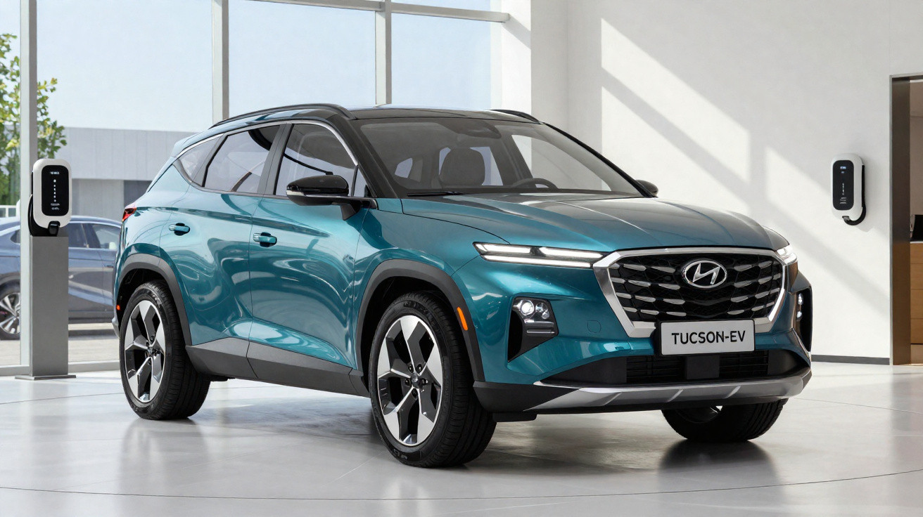 Hyundai Tucson EV bleu stationné dans un showroom moderne, avec bornes de recharge électrique murales visibles.