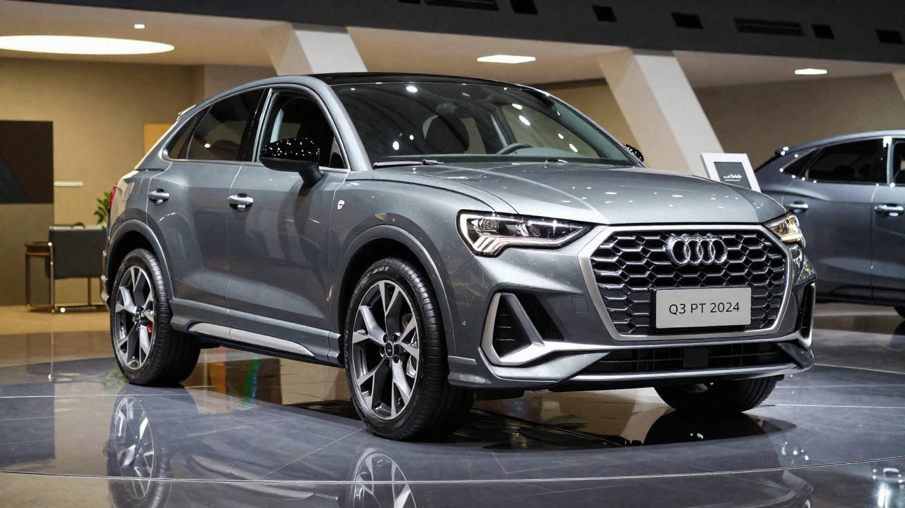 Audi Q3 2024 gris métallisé exposée sur un sol réfléchissant dans un showroom moderne.