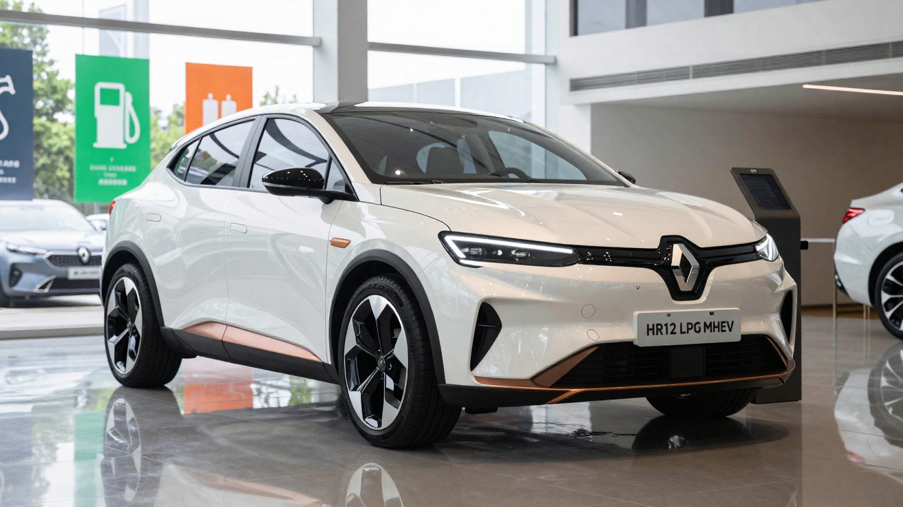Voiture électrique Renault blanche exposée dans un showroom moderne avec sol brillant.