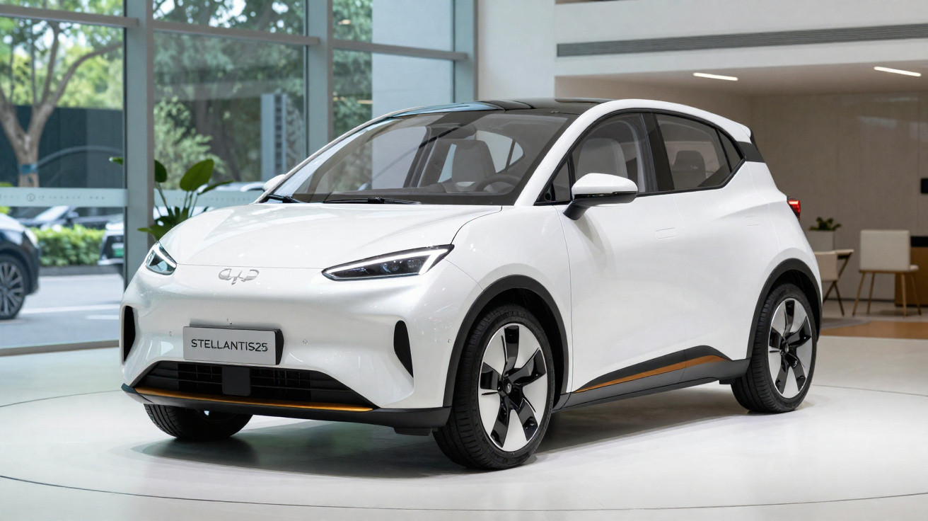 Voiture électrique blanche Stellantis 2S exposée en intérieur avec grandes vitres et mobilier moderne.