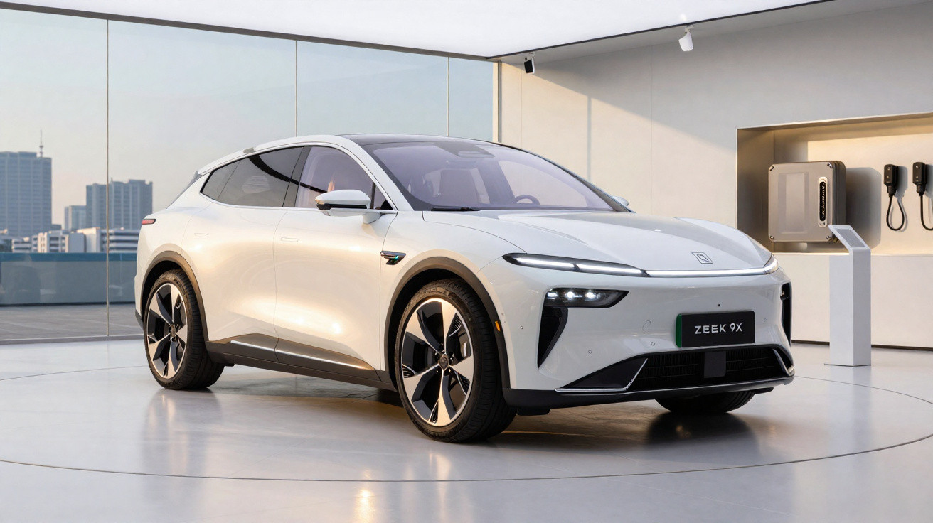 Voiture électrique blanche Zeek 9X exposée dans un showroom moderne avec grandes baies vitrées.
