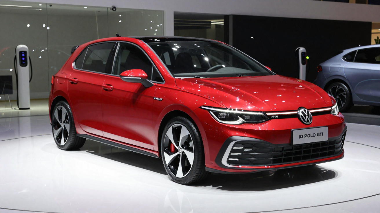 Voiture compacte rouge Volkswagen ID Polo GTI exposée en showroom moderne avec bornes de recharge électrique.