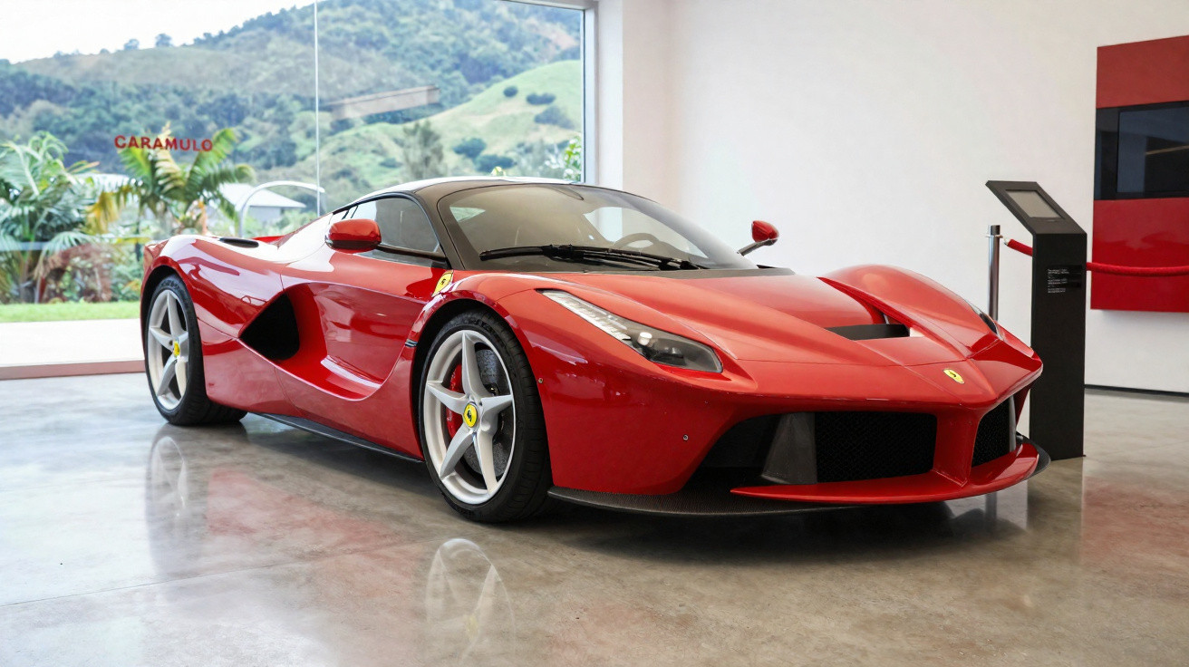 Voiture de sport rouge Ferrari exposée dans une galerie avec grande fenêtre donnant sur un paysage verdoyant.