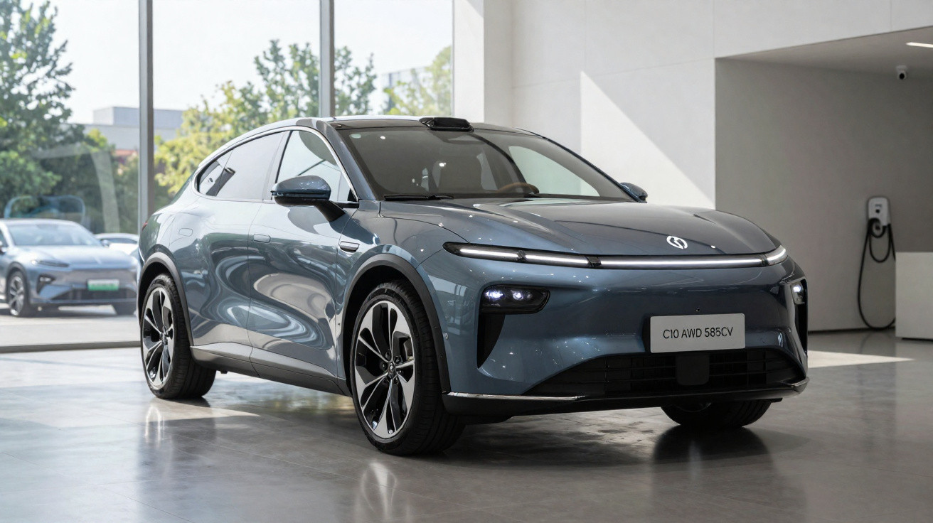 Voiture électrique SUV compacte grise stationnée dans un showroom lumineux avec recharge au mur.