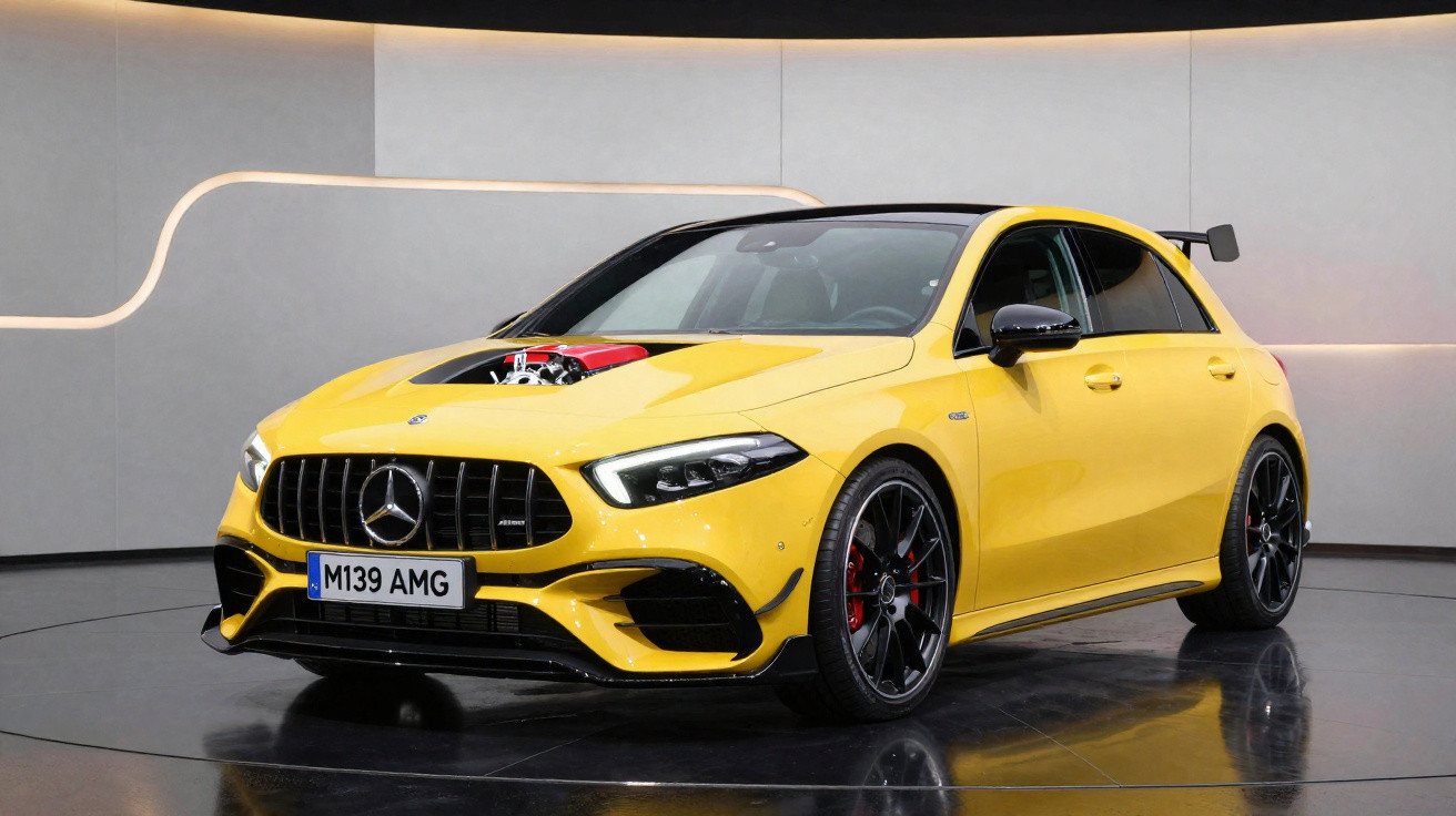 Voiture sportive jaune Mercedes AMG avec moteur visible et aileron arrière noir, présentée en intérieur moderne.