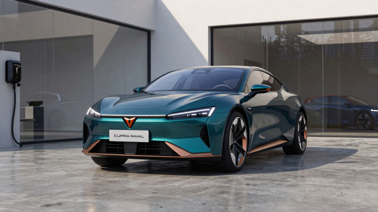 Voiture électrique Cupra Raval bleu-vert stationnée devant une station de recharge dans un espace moderne.