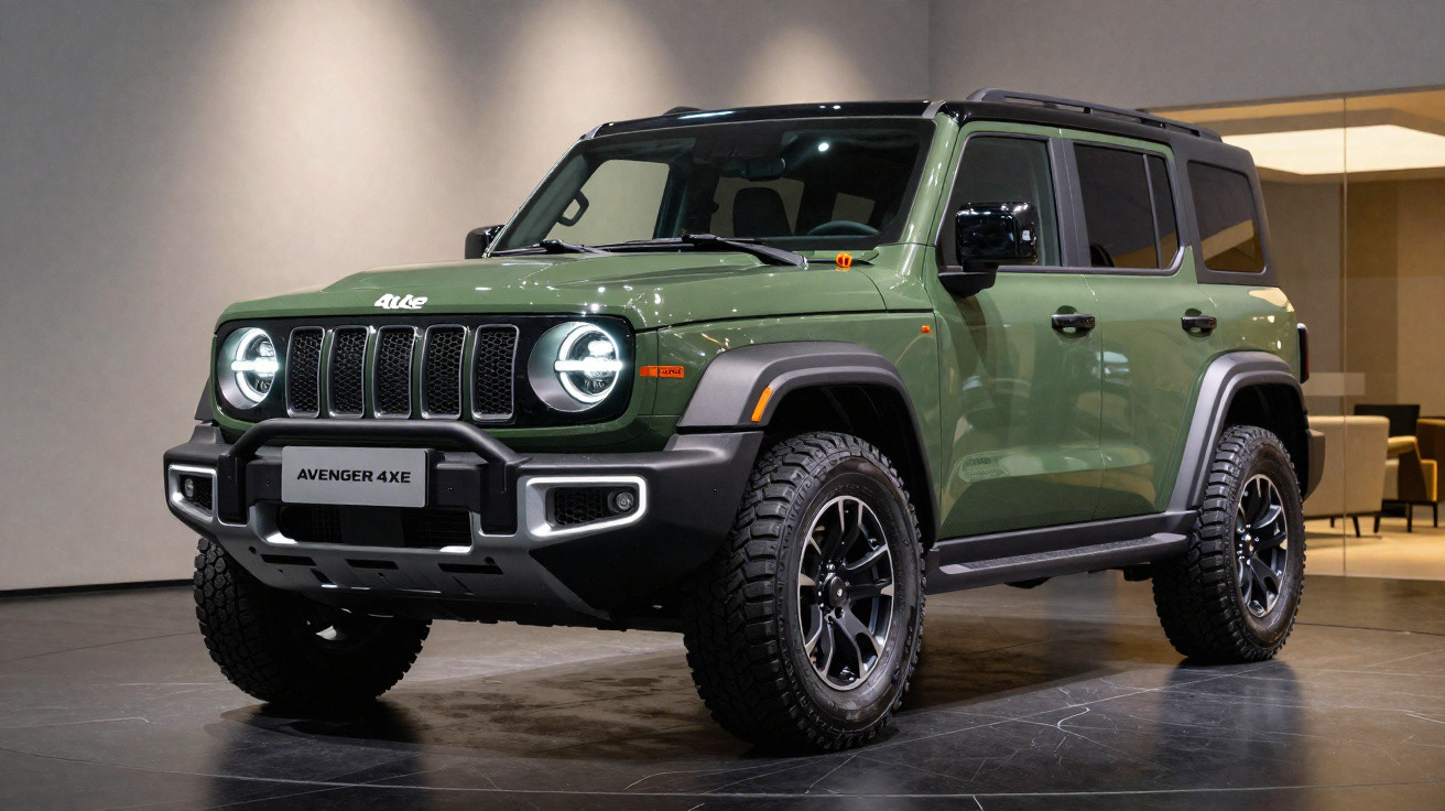 Véhicule SUV tout-terrain vert olive, modèle Avenger 4XE, exposé en intérieur avec éclairage doux.