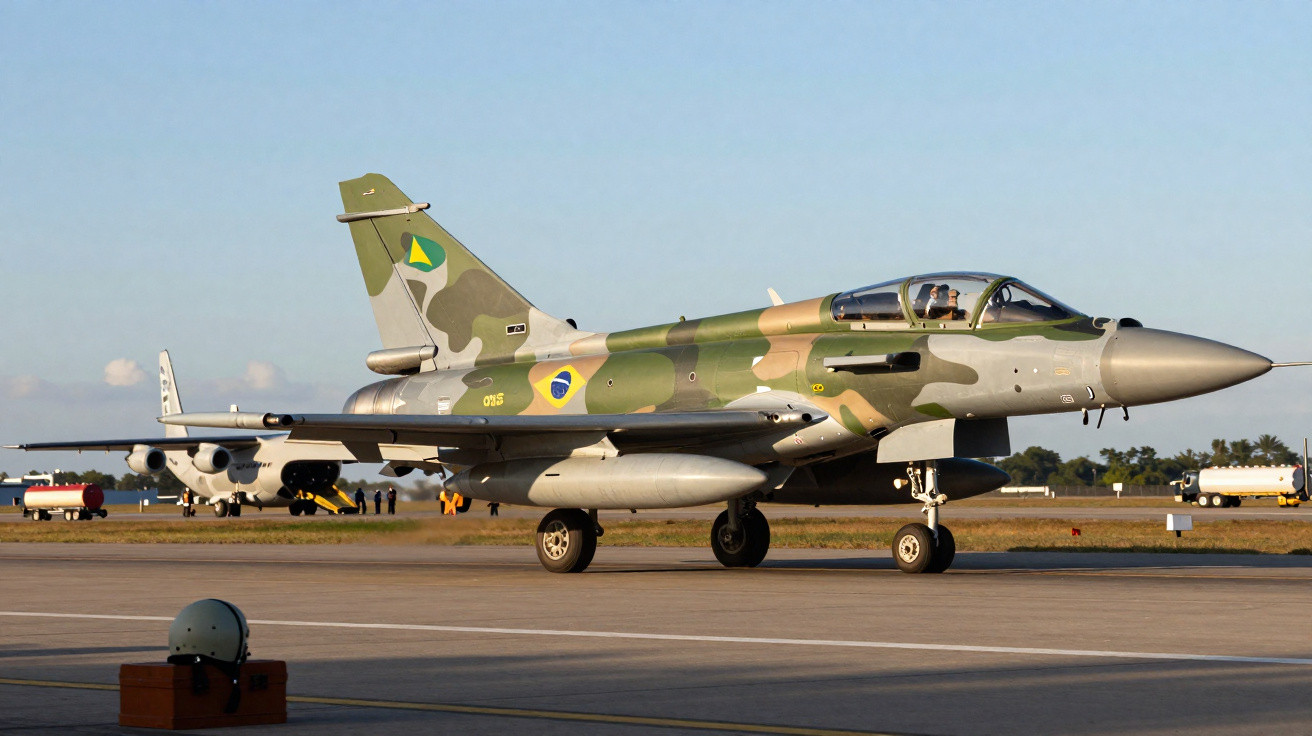 Avion de chasse camouflé vert beige au sol sur une piste, avec un casque au premier plan.