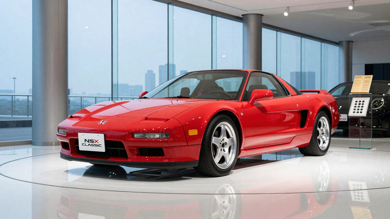 Voiture sportive rouge Honda NSX Classic exposée dans un showroom moderne avec de grandes fenêtres.