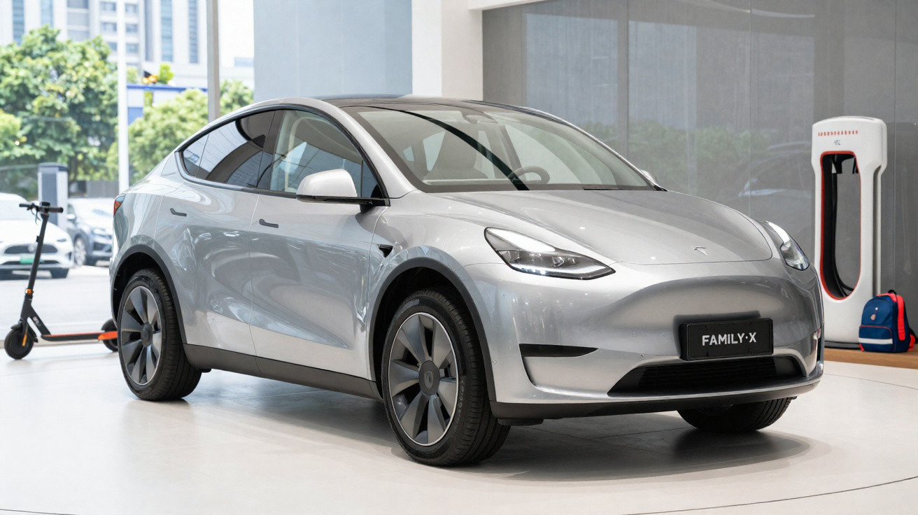 Voiture électrique grise Family-X exposée en intérieur avec une trottinette et borne de recharge en arrière-plan.