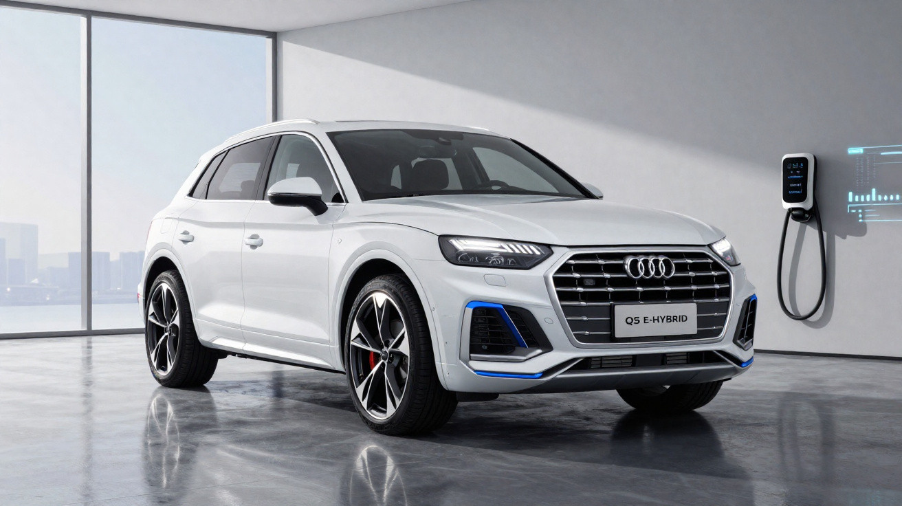 Audi Q5 E-HYBRID blanche en charge dans un garage lumineux avec grandes fenêtres et sol en béton lisse.