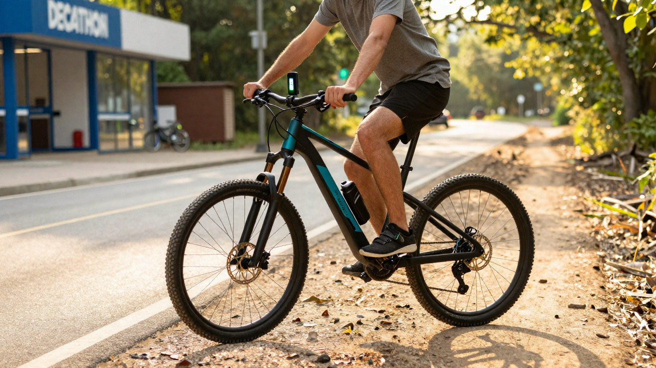 Homme en short et t-shirt gris sur un VTT noir, stationné sur un chemin de terre à côté d’une route.