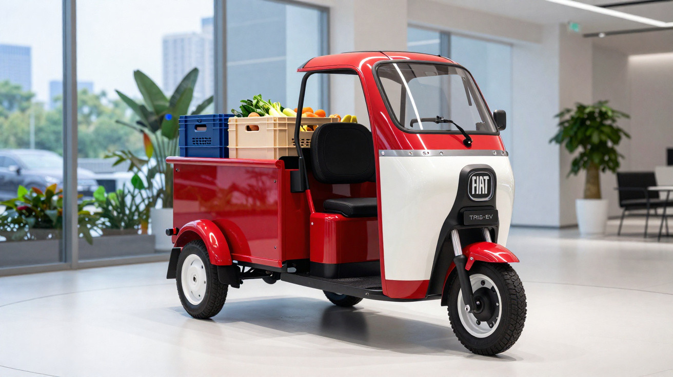 Petit véhicule électrique utilitaire rouge Fiat avec caisse chargée de caisses de légumes, en intérieur moderne.