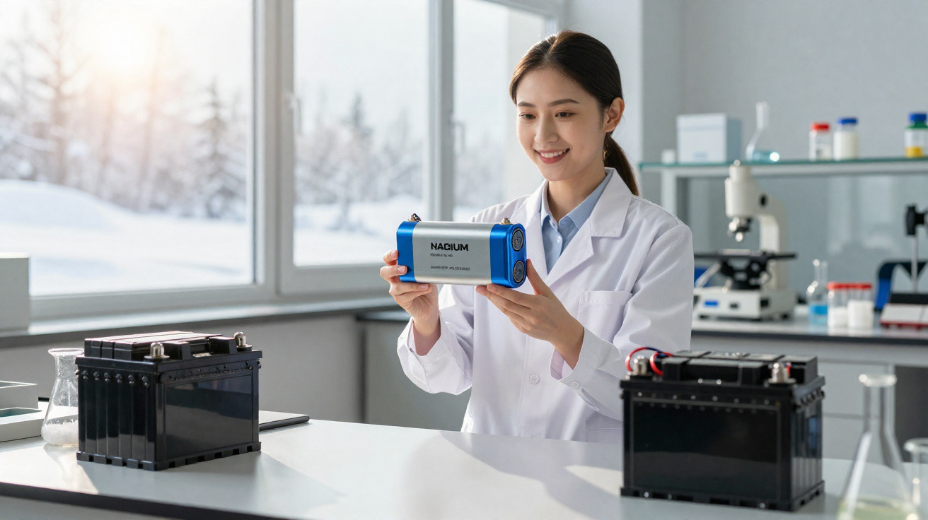 Chercheuse en blouse blanche examinant une batterie sodium-ion bleue dans un laboratoire lumineux.