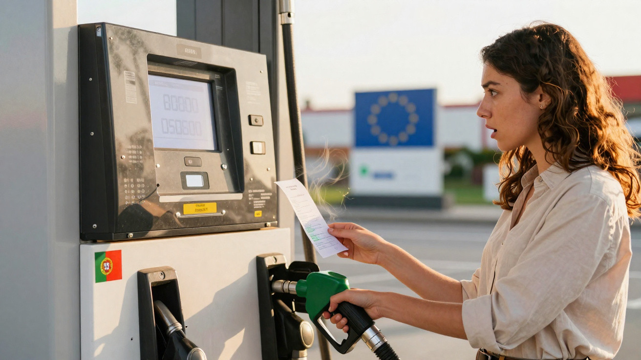 Femme tenant un reçu et une pompe à essence verte à une station-service en extérieur.