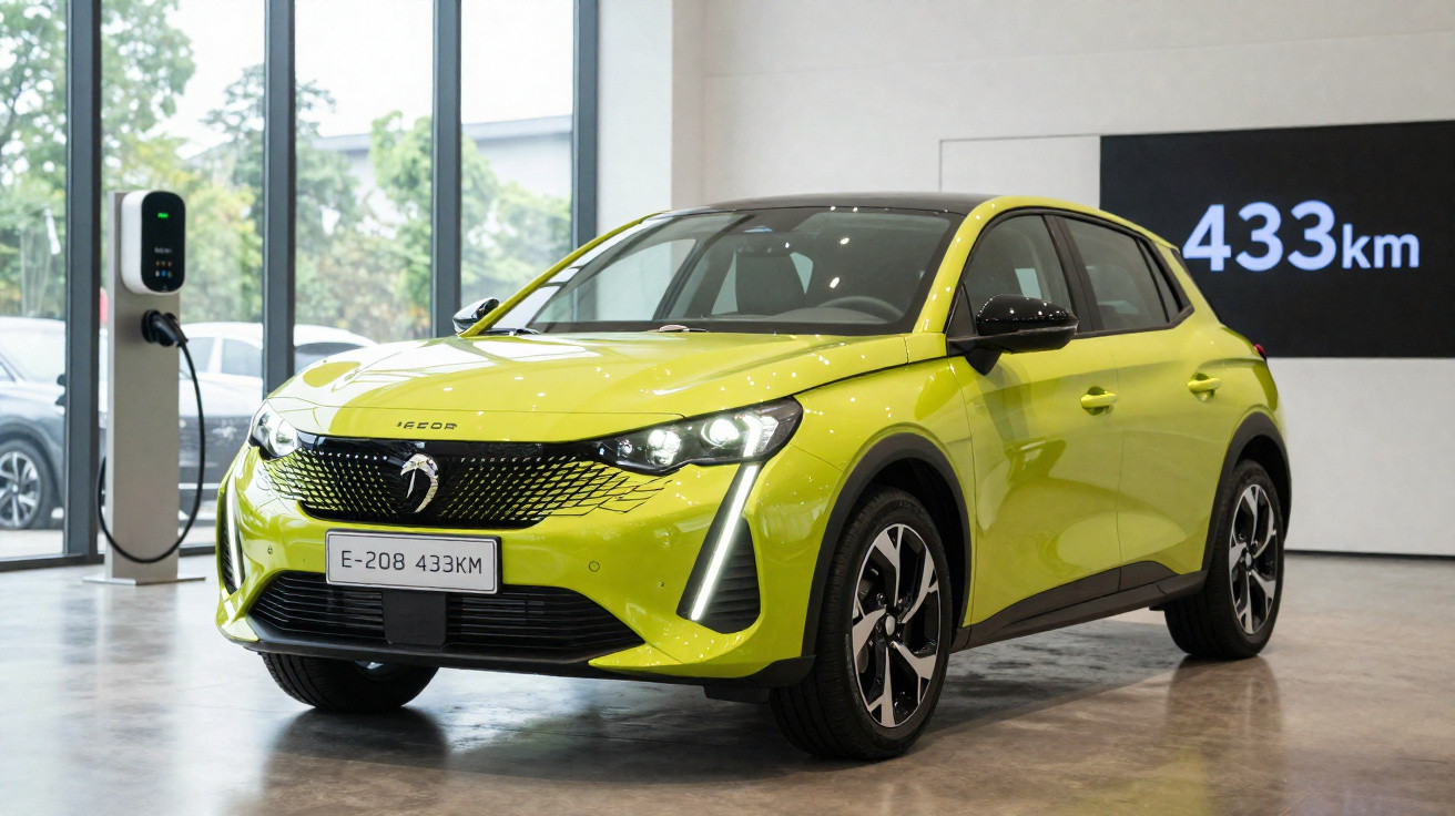 Voiture électrique Peugeot e-208 jaune vif en exposition, avec borne de recharge et autonomie de 433 km affichée.