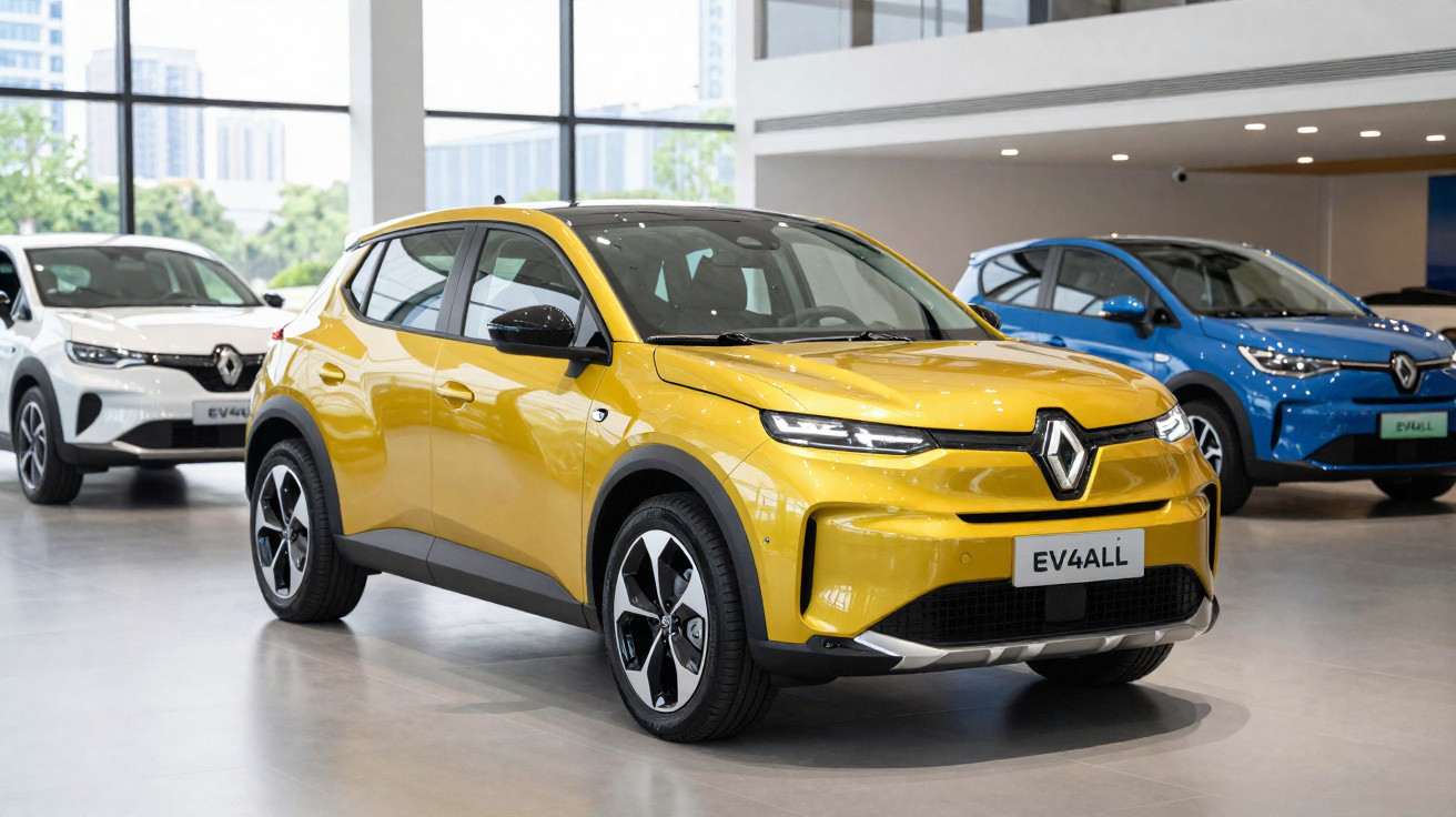 Voiture électrique Renault jaune EV4ALL exposée en intérieur, avec deux autres modèles en arrière-plan.