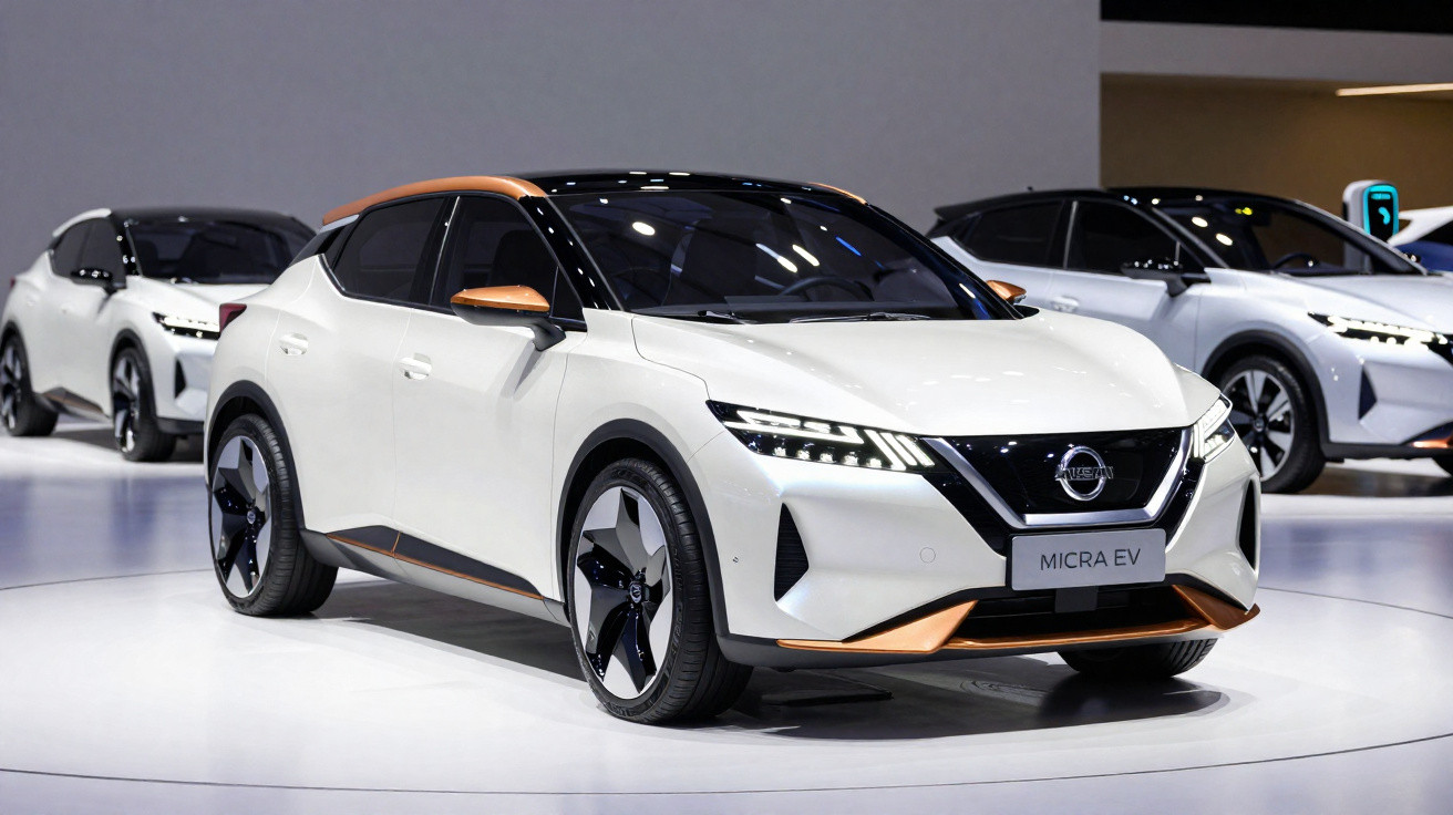 Voiture électrique Nissan Micra EV blanche avec détails cuivrés exposée dans un showroom moderne.
