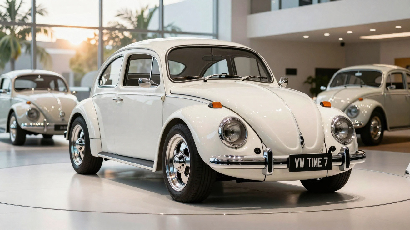 Voitures Volkswagen Coccinelle blanches exposées dans un musée moderne, éclairage naturel et intérieur contemporain.