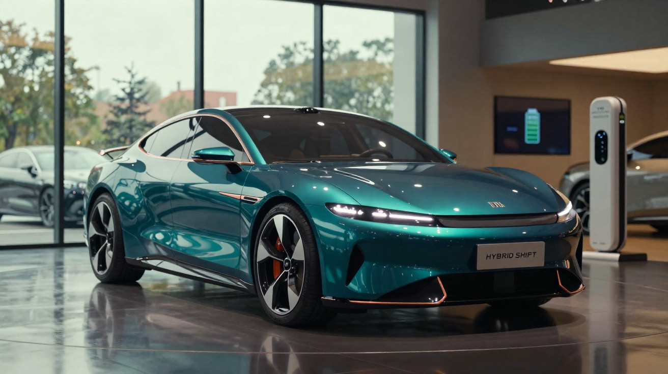 Voiture électrique verte moderne en exposition dans un showroom lumineux avec borne de recharge en arrière-plan.