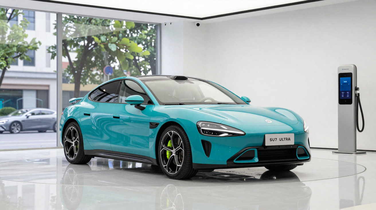 Voiture électrique sportive turquoise modèle SU7 Ultra exposée dans un showroom moderne avec borne de recharge.