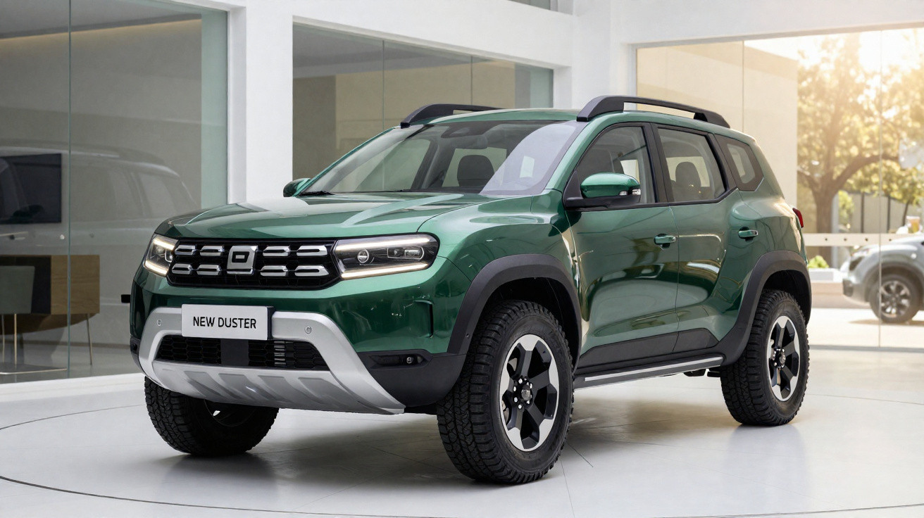 SUV Dacia New Duster vert exposé dans un showroom moderne avec lumière naturelle.
