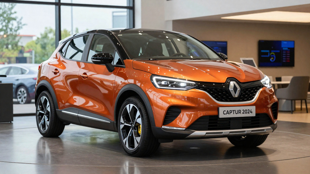 Renault Captur 2024 orange métallisé exposée dans un showroom moderne avec intérieur lumineux.