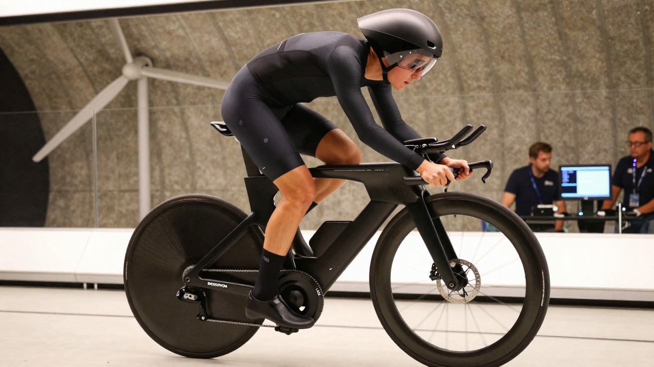 Cycliste en tenue aérodynamique sur vélo de contre-la-montre dans un tunnel de soufflerie, observé par deux techniciens.