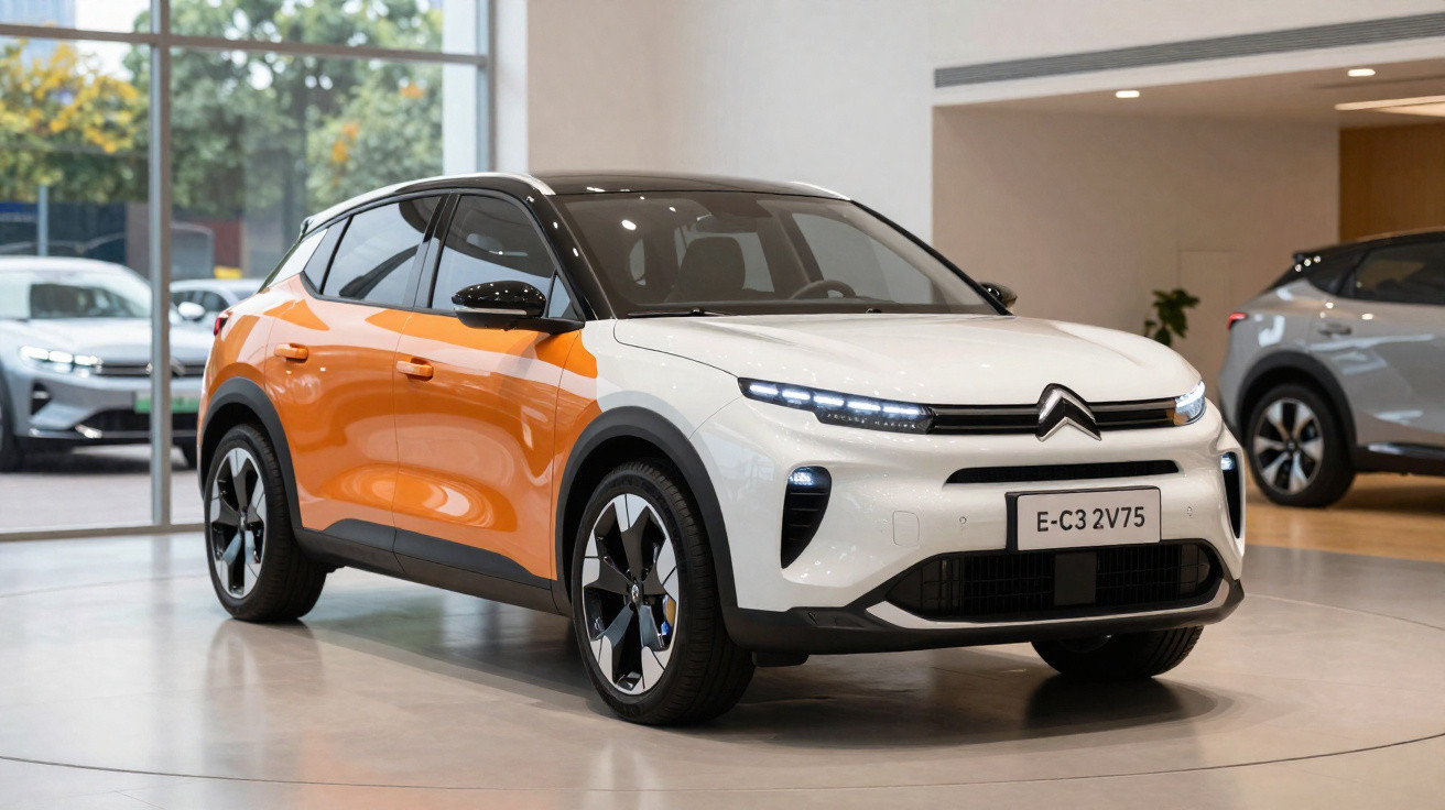 Voiture Citroën SUV électrique E-C3 bicolore blanche et orange exposée dans un showroom moderne.