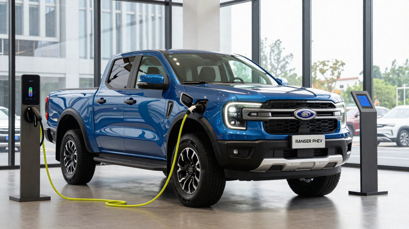 Pick-up Ford Ranger PHEV bleu en charge sur une borne dans un showroom moderne.
