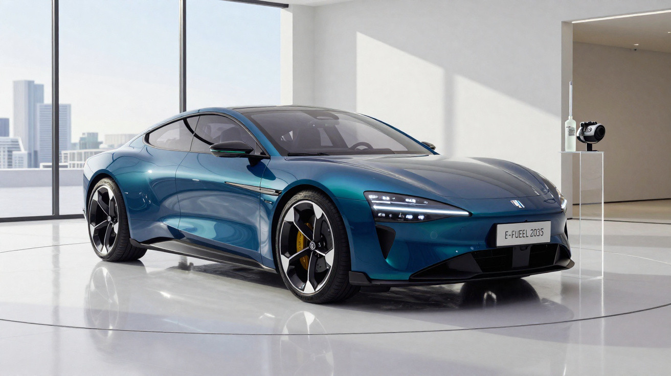 Voiture électrique sportive bleue installée dans un showroom lumineux avec vitrages et mobilier minimaliste.