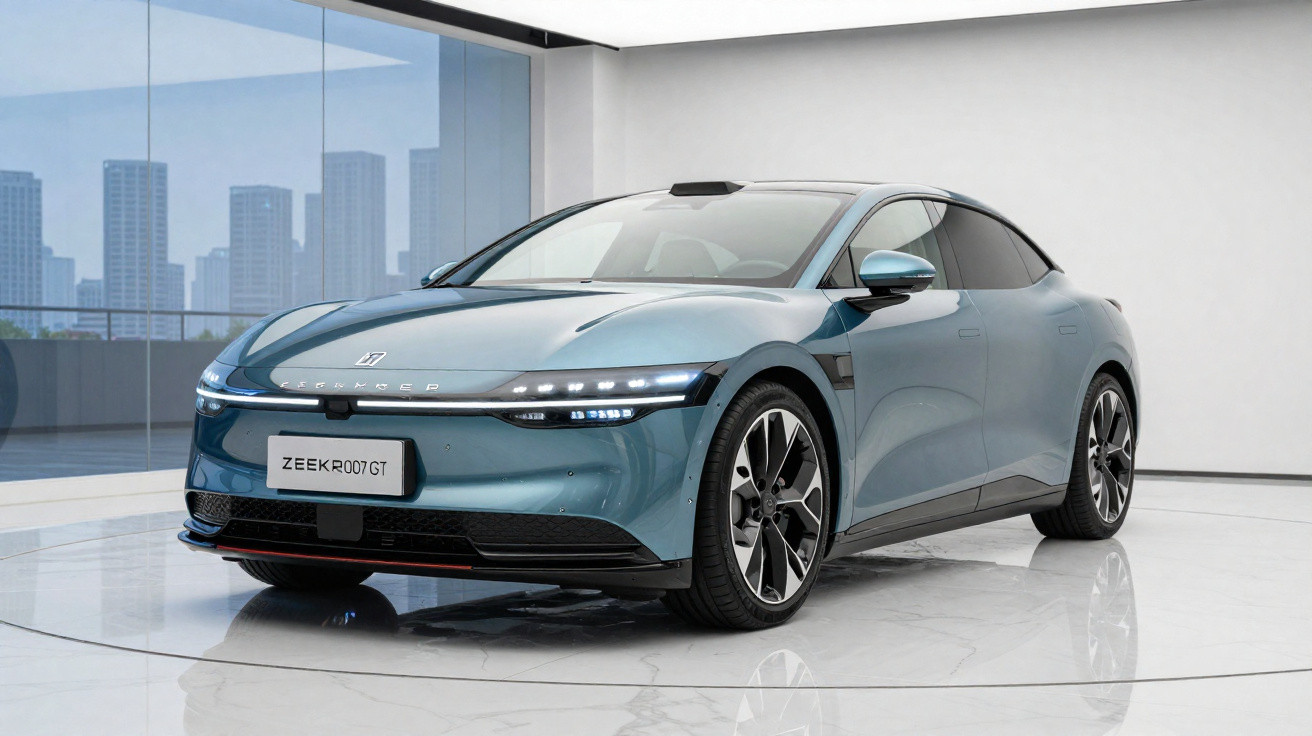 Voiture électrique bleue ZEEKR 001 GT exposée dans un showroom moderne avec vue urbaine en arrière-plan.