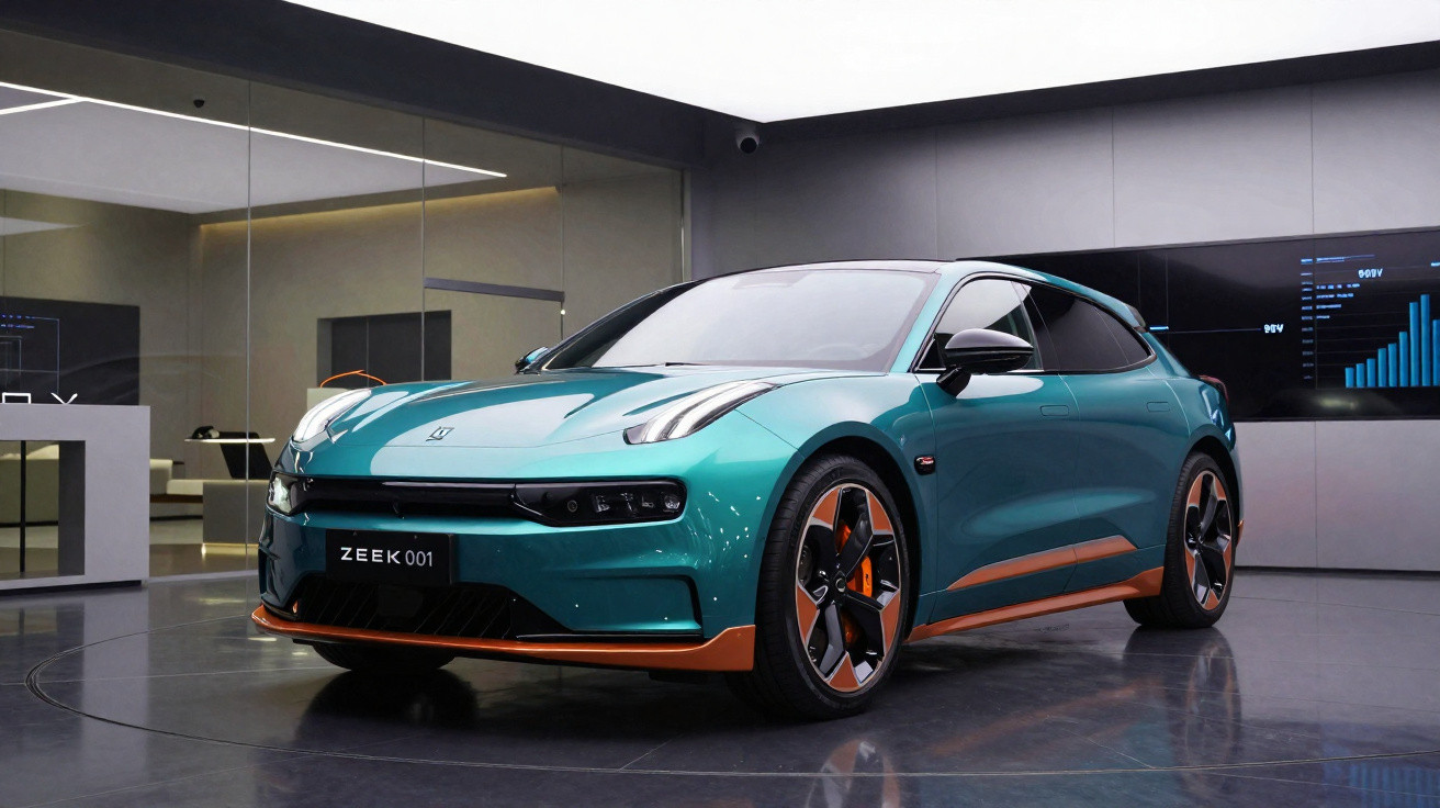 Voiture électrique Zeek 001 verte avec détails orange exposée dans un showroom moderne et lumineux.