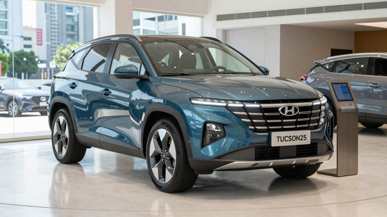 SUV Hyundai Tucson 2025 bleu, exposé en intérieur, avec plaques personnalisées TUCSON25.