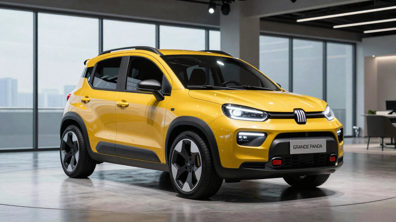 Voiture jaune Fiat Grande Panda électrique exposée dans un showroom moderne avec grandes fenêtres.
