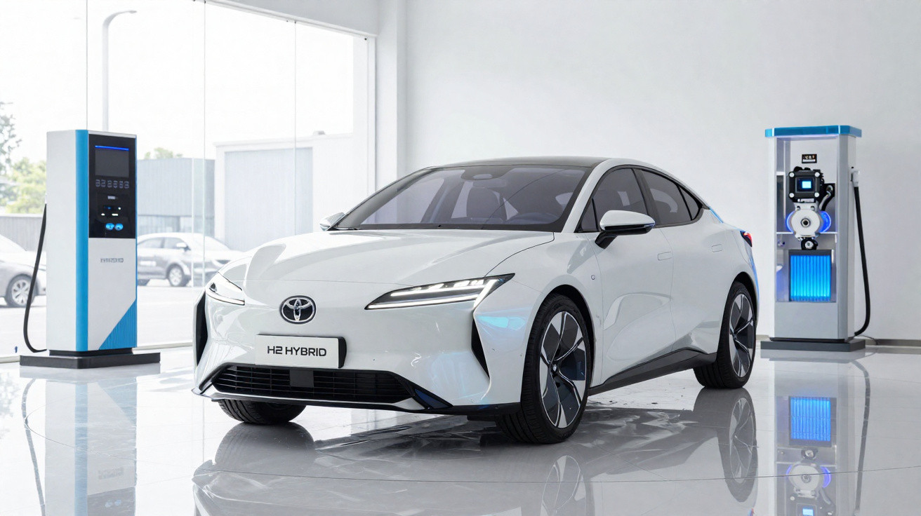 Voiture hybride blanche Toyota H2 stationnée dans un showroom avec bornes de recharge électrique.