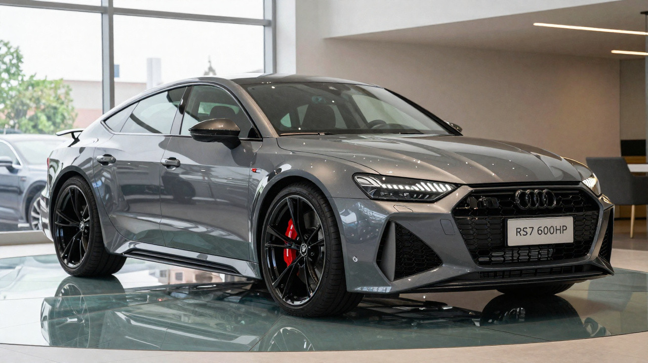 Voiture sportive Audi RS7 grise avec jantes noires exposée dans un showroom moderne.