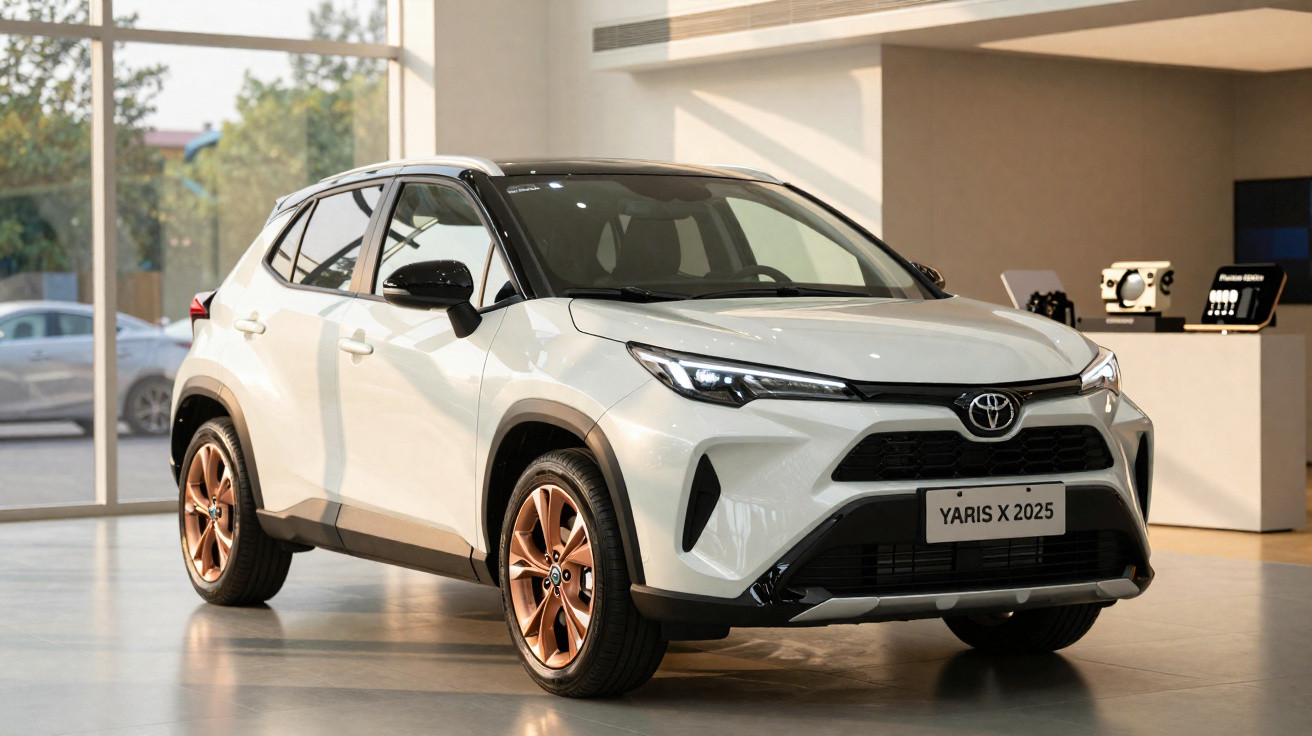 Toyota Yaris Cross 2025 blanche avec jantes cuivrées exposée dans un showroom moderne.