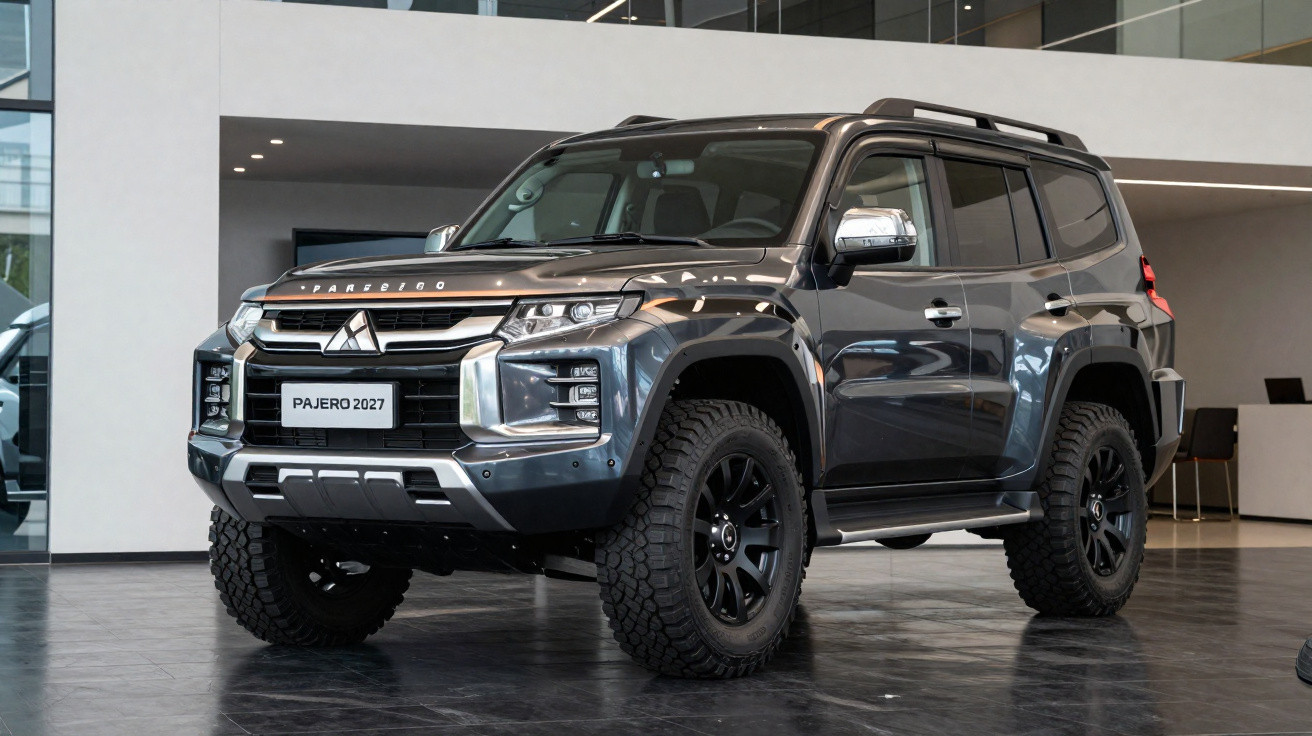 SUV Mitsubishi Pajero 2027 gris métallisé exposé dans un showroom moderne avec grandes roues tout-terrain.