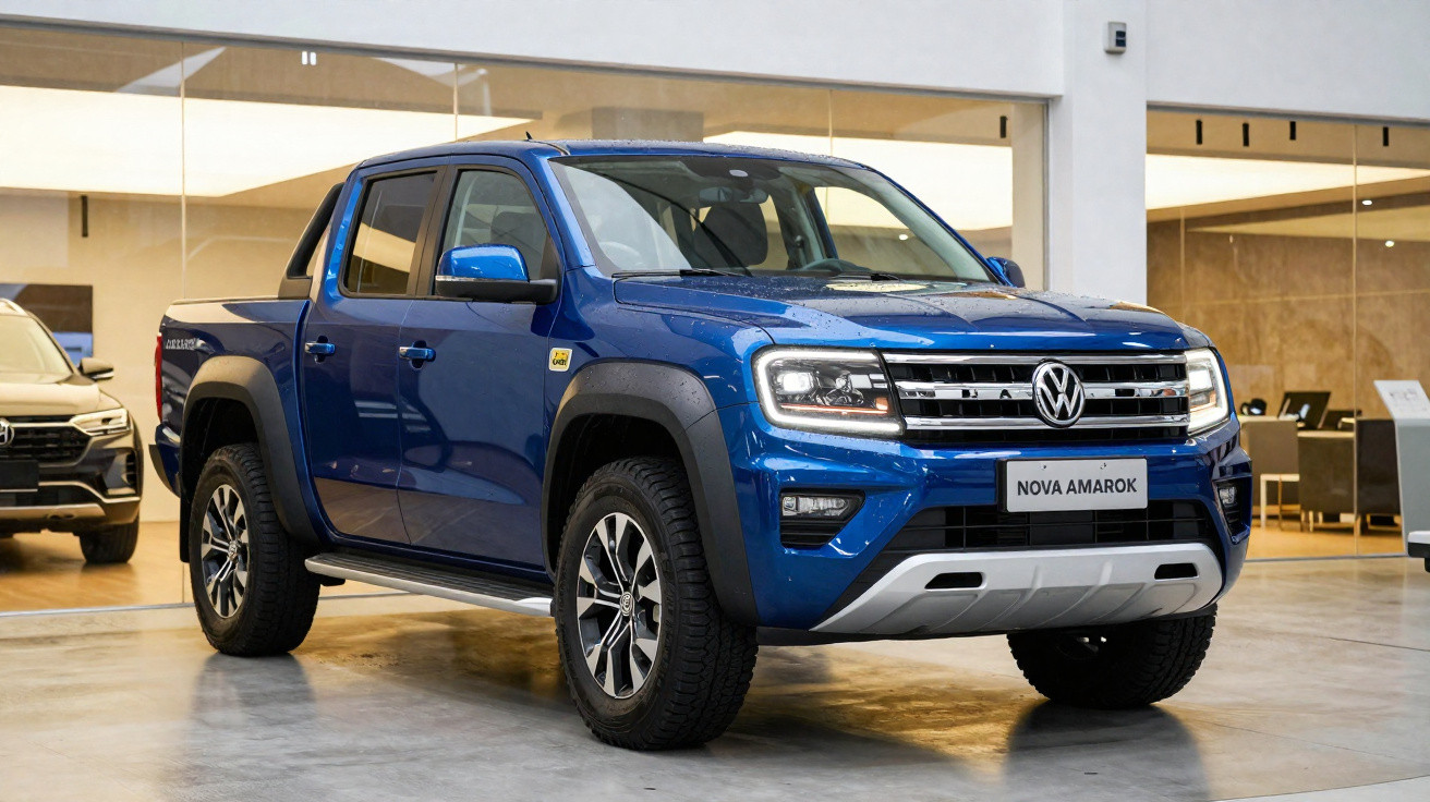 Pick-up Volkswagen Amarok bleu exposé en showroom moderne avec grand vitrage et sols en béton.