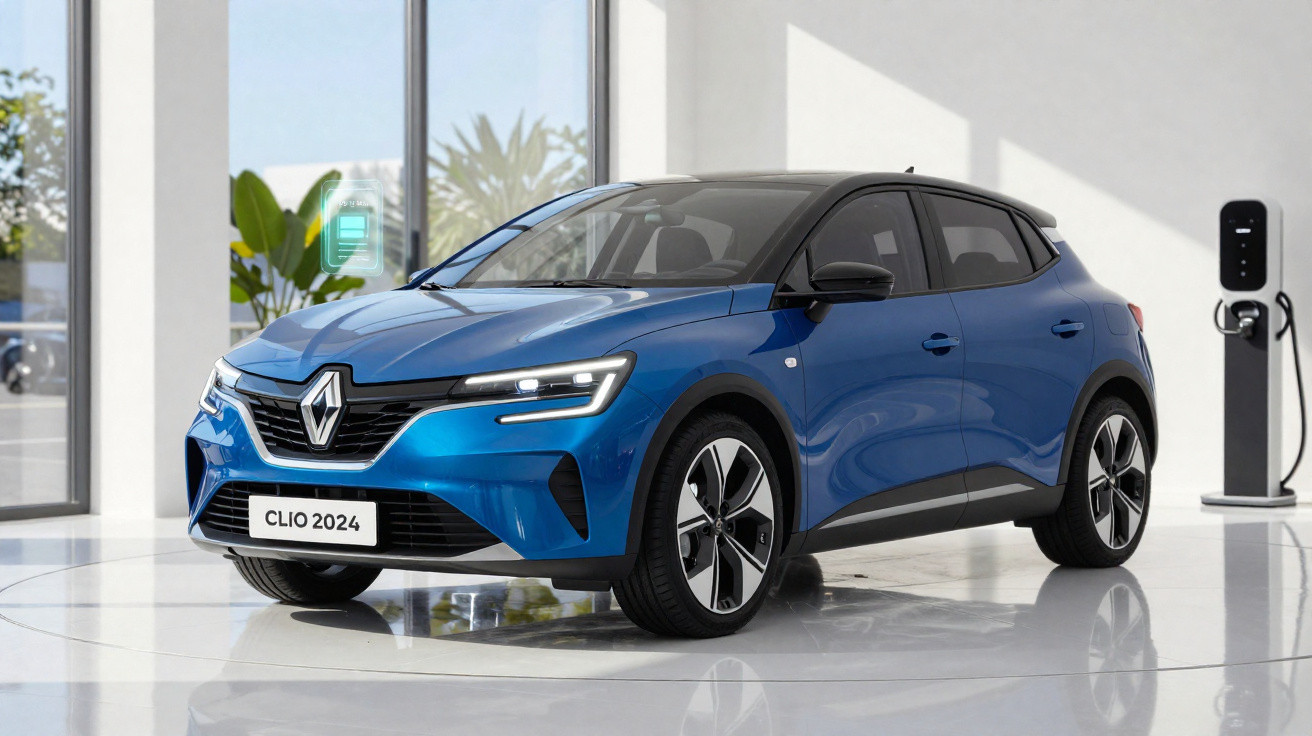 Voiture électrique Renault Clio 2024 bleue stationnée dans un showroom moderne avec borne de recharge.
