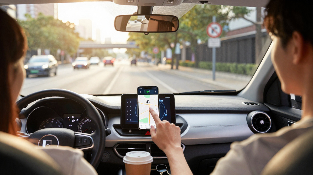 Vue intérieure d'une voiture avec deux personnes, l'une conduisant, l'autre utilisant une application GPS sur un smartphone.